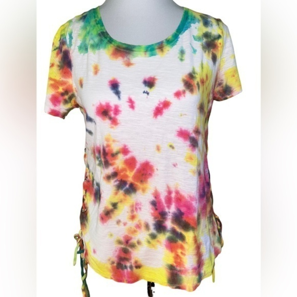 Vince Camuto Tie-dye Side Lace-Up Cotton Slub Top - Size XS 💗💛🧡💚